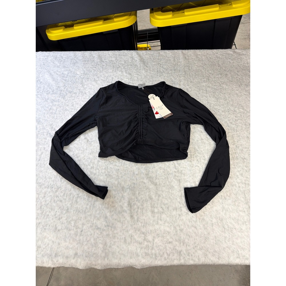 Calia Womens LS Ruched Rash Guard Pure Black WSA34801B Size M NWT